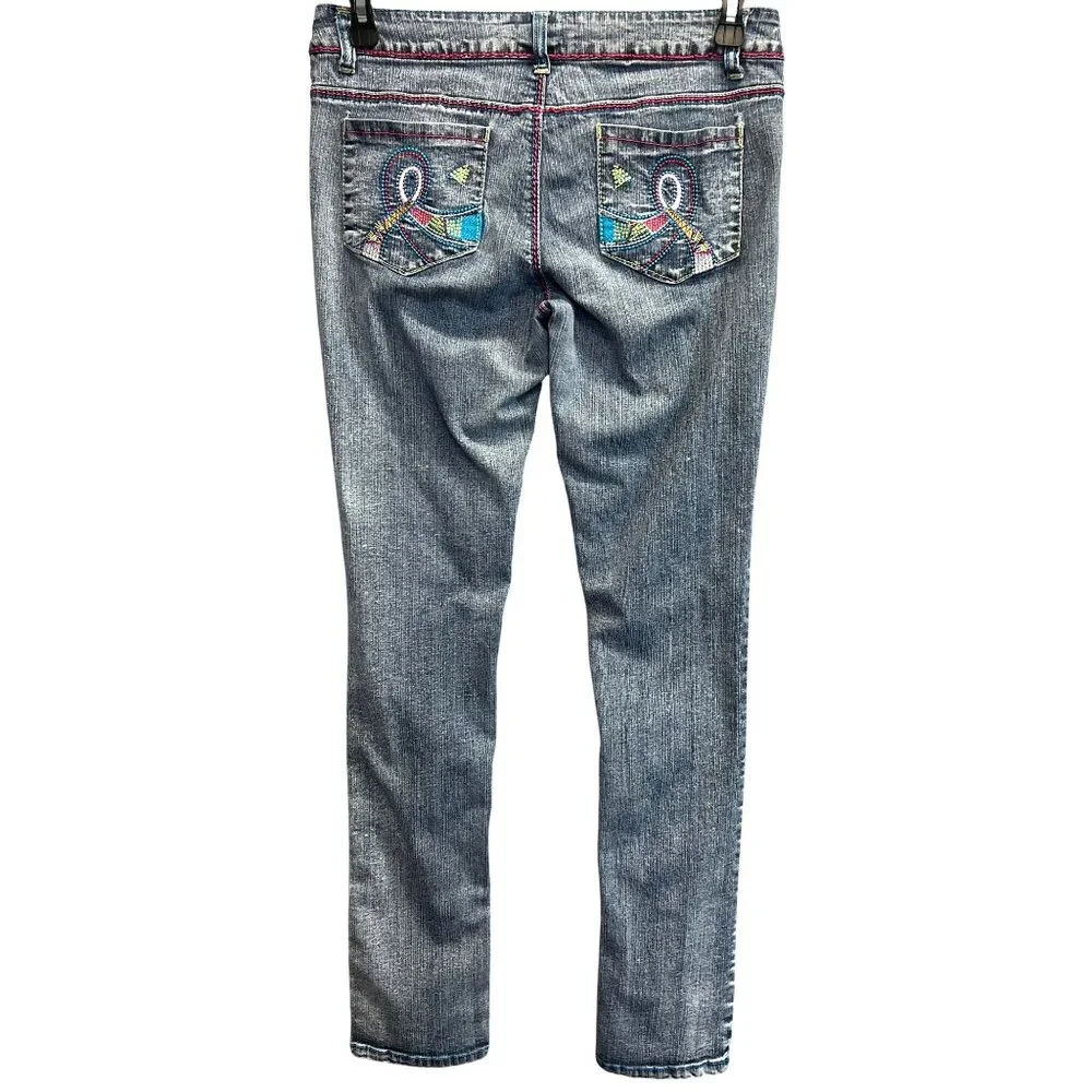Jenny Jo Jeans Skinny Jeans 9/10 Denim Multi-Color Embroidered Stitching - Picture 2 of 4